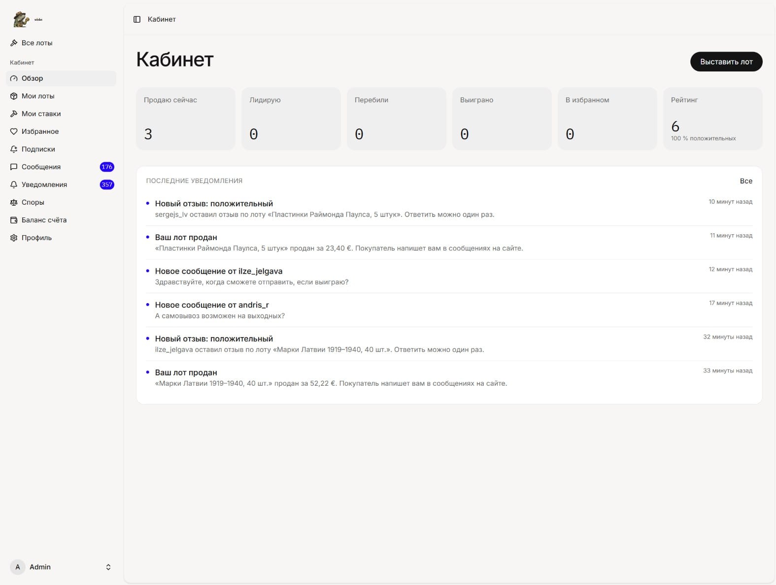 Обзор личного кабинета продавца: сколько лотов продаёт, лидирует, выиграл, рейтинг