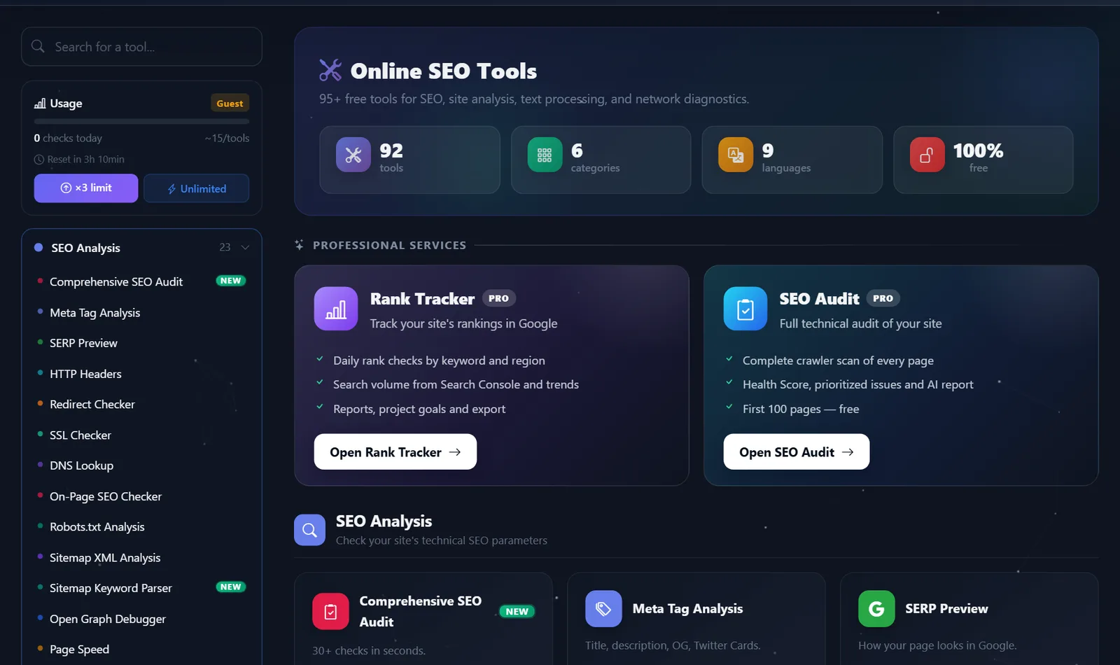Catalogo degli strumenti SEO gratuiti di PromoPilot: 87 controlli per siti web suddivisi per categoria