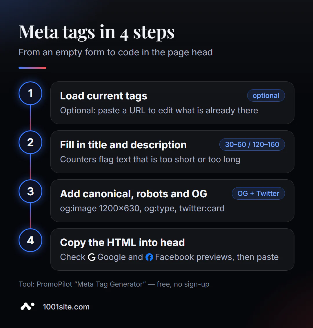 Metaetiquetes en 4 passos: descarrega les etiquetes actuals, omple el títol i la descripció, afegeix el codi canònic i Open Graph, copia HTML a la capçalera