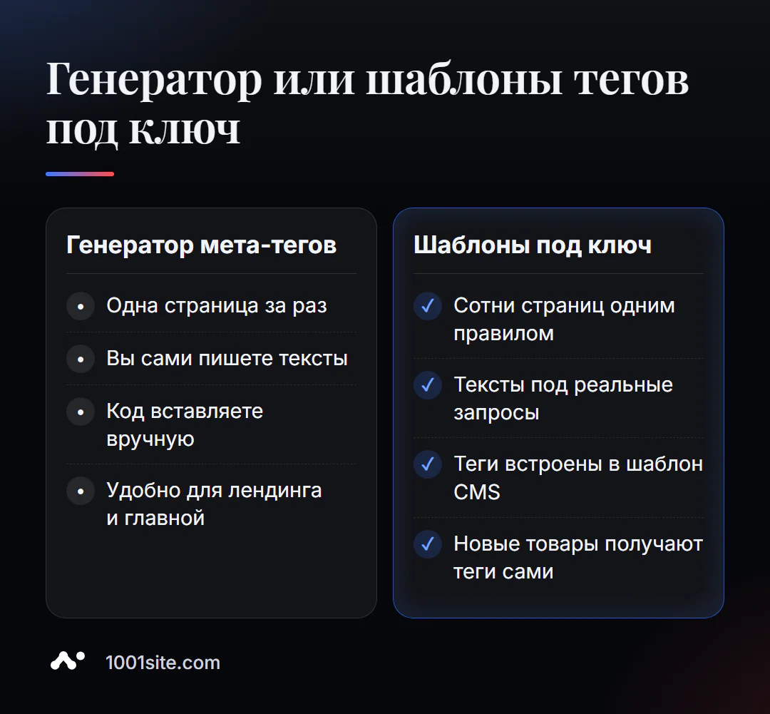 Генератор мета-тегов или шаблоны тегов под ключ: одна страница вручную против правил для всего сайта