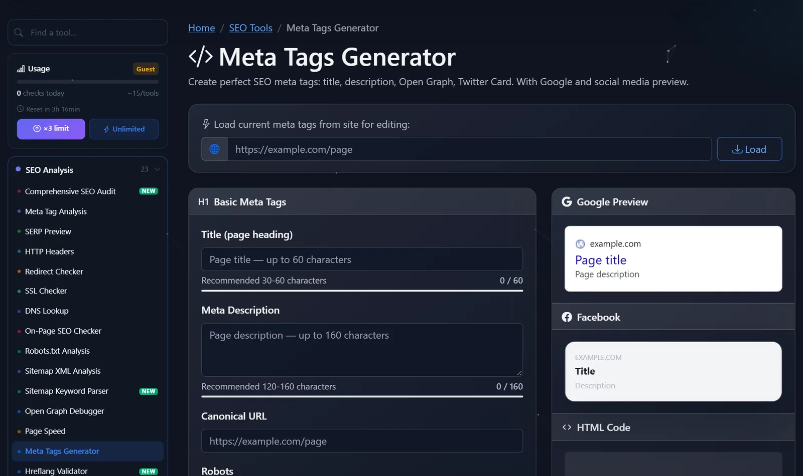 Pàgina d'eines gratuïtes de generador de metaetiquetes de PromoPilot: càrrega d'etiquetes d'URL, camps de títol i descripció, previsualitzacions de Google i Facebook