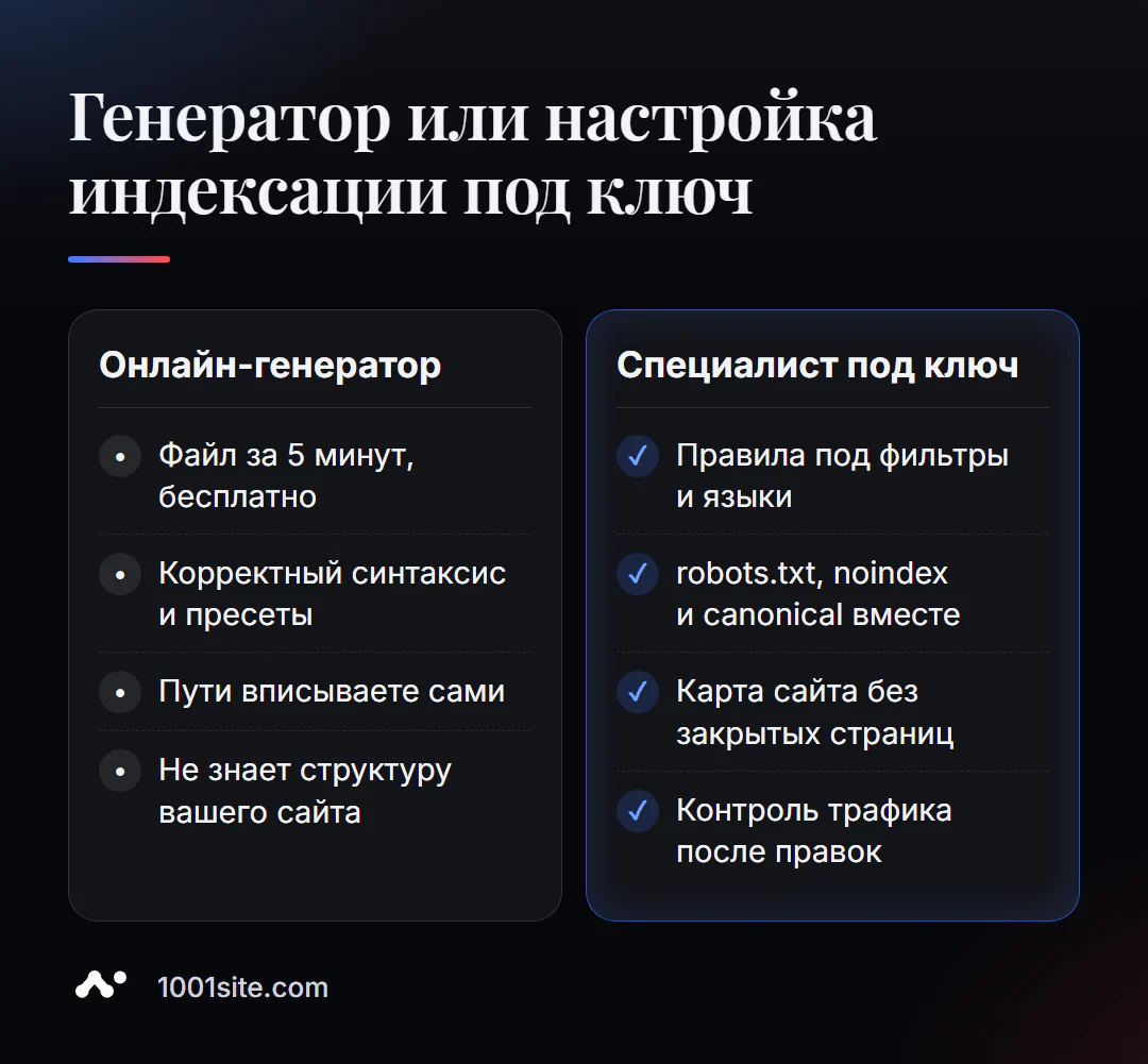 Генератор robots.txt онлайн и настройка индексации специалистом: что делает каждый вариант