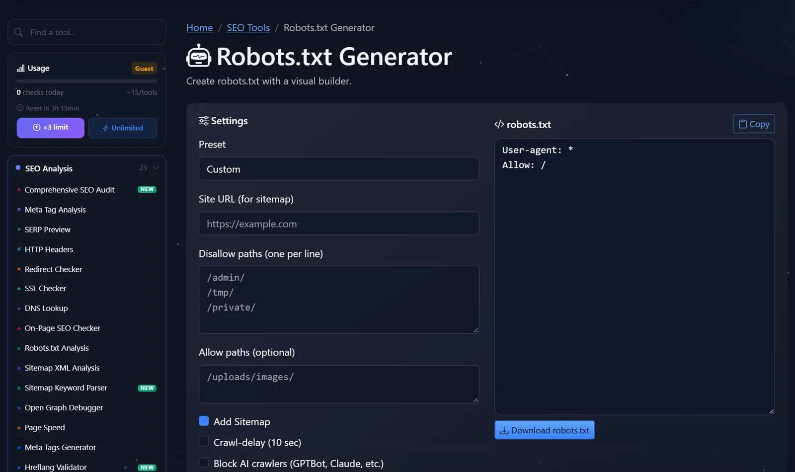 Pàgina del generador gratuït de robots.txt de PromoPilot: configuracions predefinides, rutes permeses i desactivades, indicadors del mapa del lloc, retard de rastreig i bloqueig del rastrejador d'IA