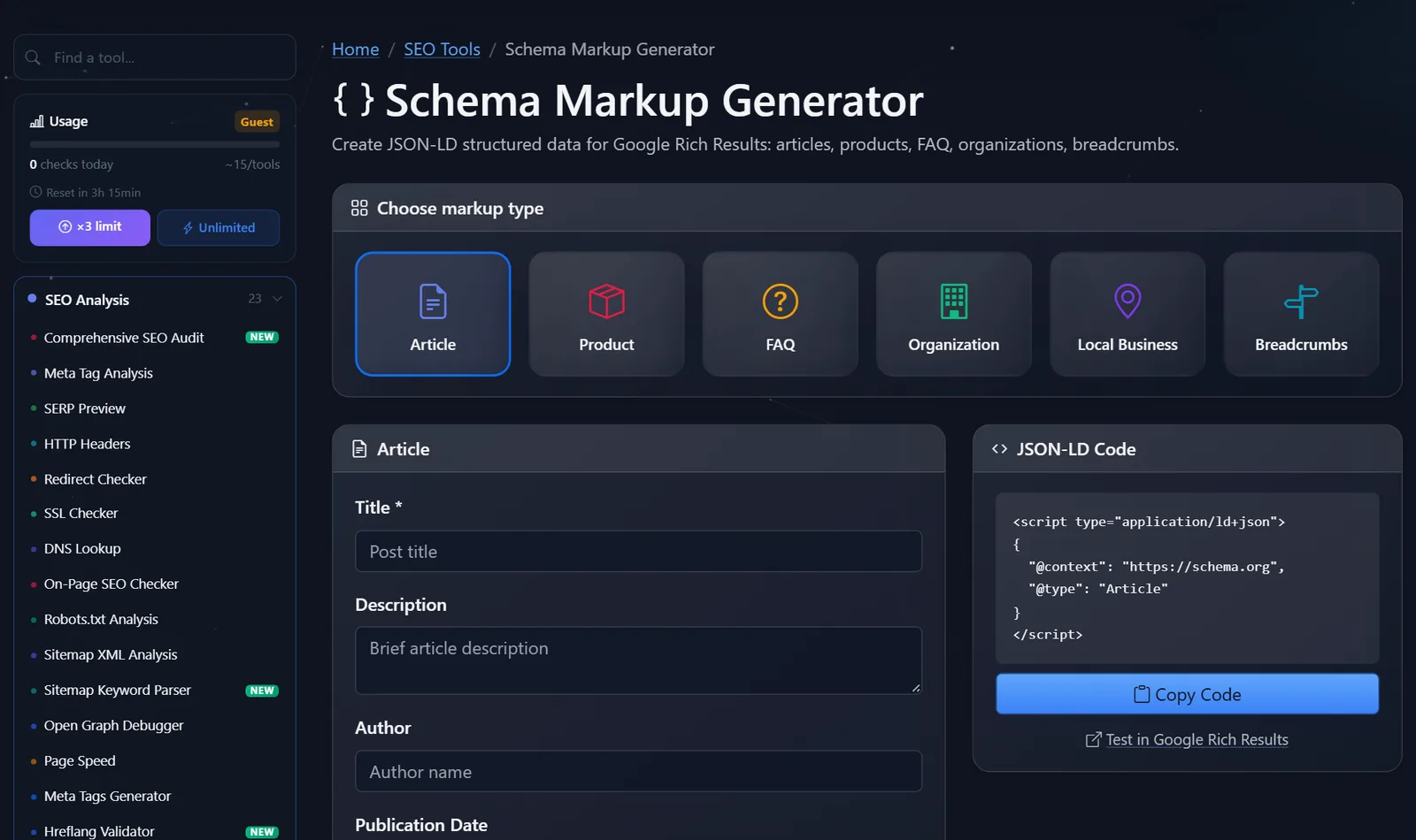 PromoPilot se gratis Skema Generator-bladsy: tipekeuse, artikelvelde en gereedgemaakte JSON-LD-kode
