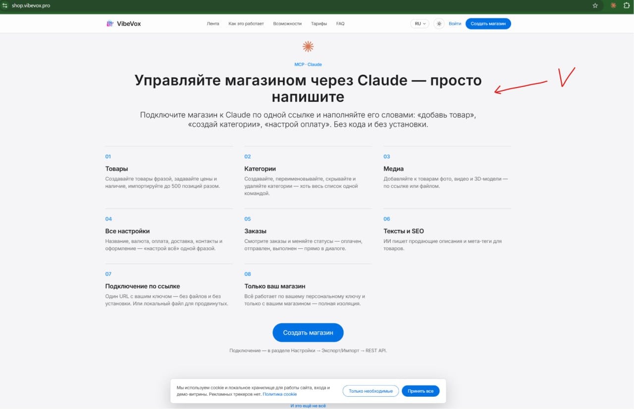 Лендинг сервиса VibeVox: управление каталогом магазина через Claude по MCP