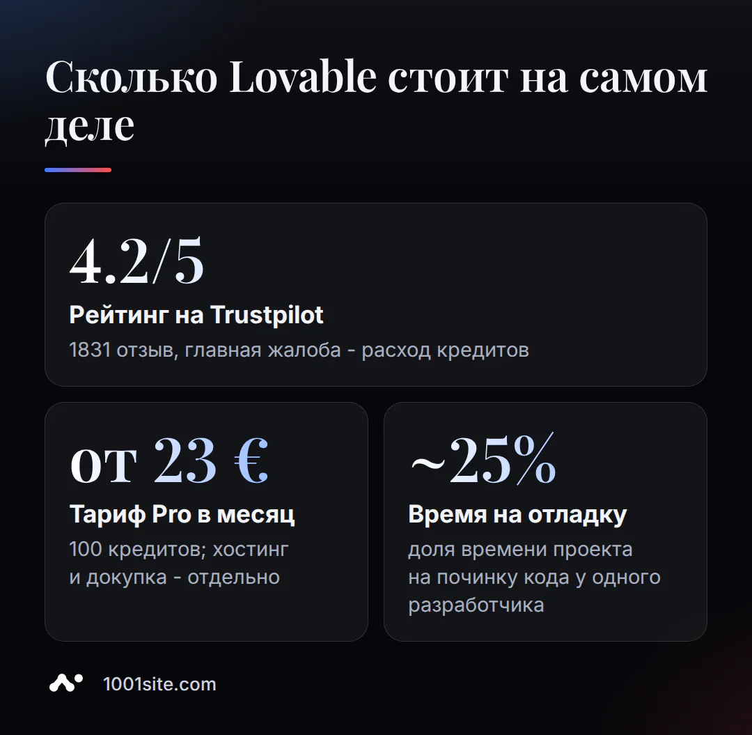 Три цифры о реальной цене Lovable: рейтинг на Trustpilot, стартовый тариф Pro и доля времени разработчика на отладку кода