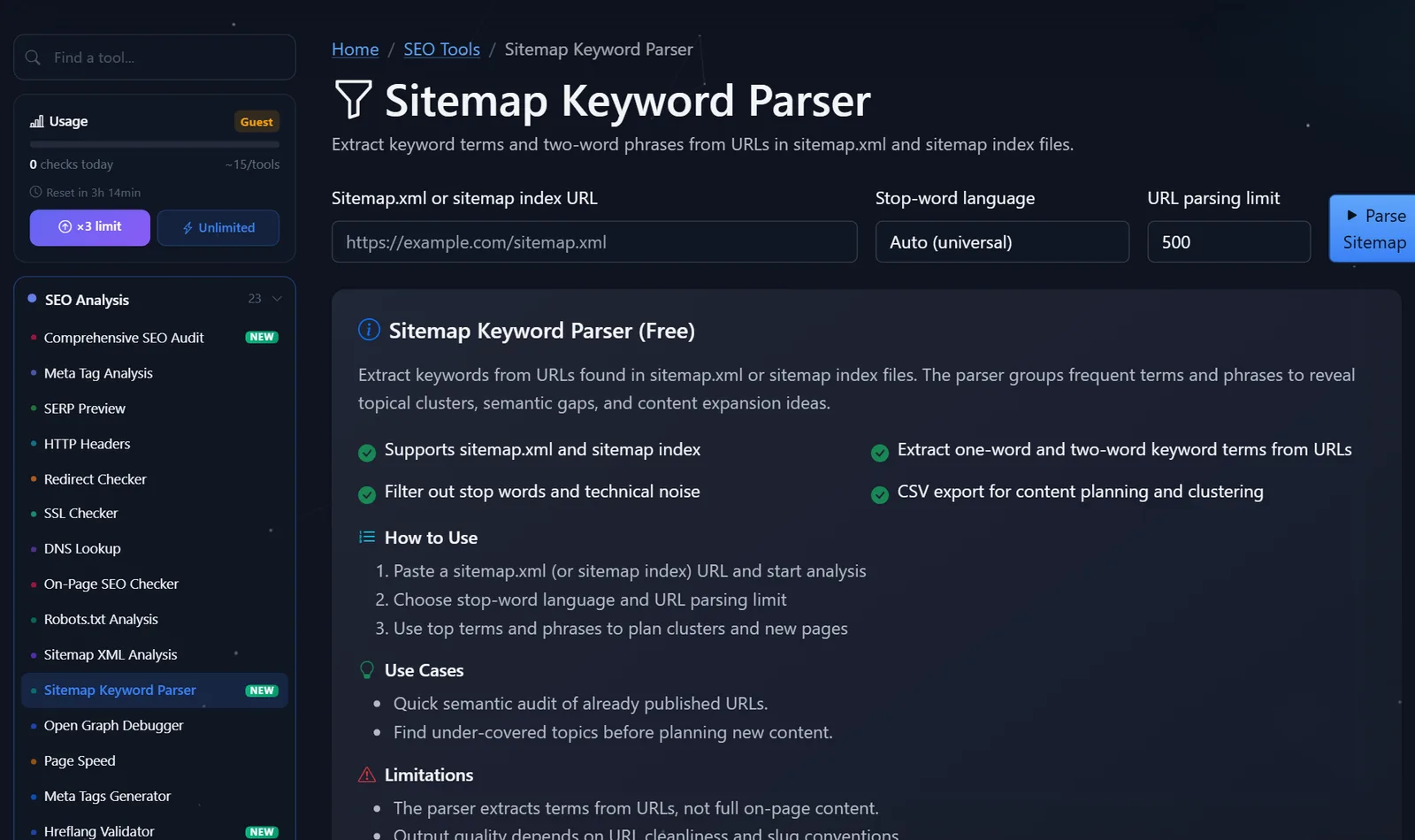 Kaca alat Sitemap Keyword Parser gratis ti PromoPilot: widang sitemap.xml, basa stopword, wates parsing URL