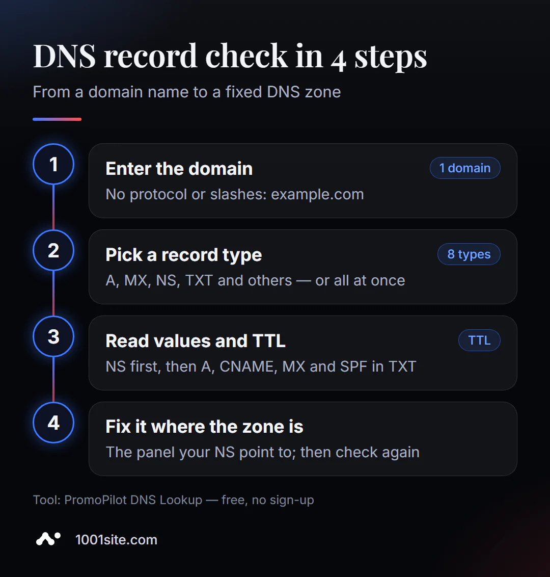 Pariksa rékaman DNS online dina 4 léngkah: lebetkeun domain anjeun, pilih jinis rékaman, pariksa nilai sareng TTL, teras édit dina panel DNS