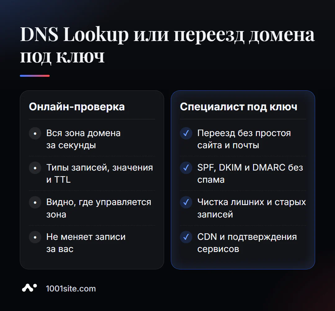 Проверка DNS-записей онлайн и переезд домена со специалистом: что делает каждый вариант
