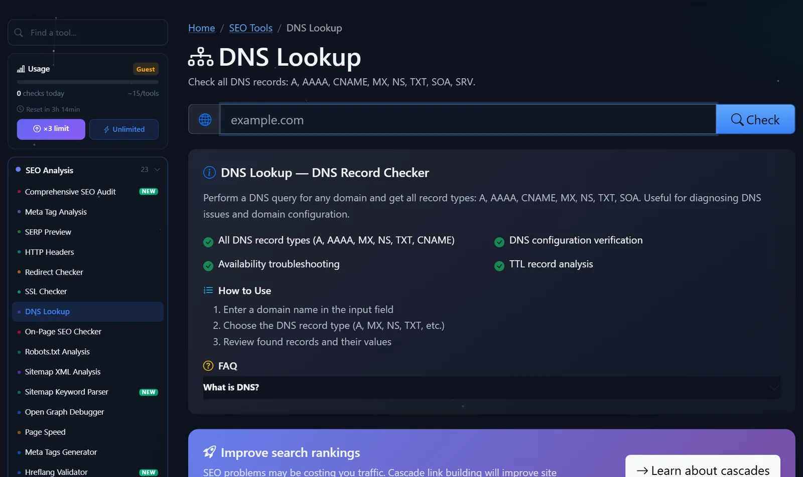 Kaca alat DNS Lookup gratis ti PromoPilot: widang domain sareng pedaran ngeunaan pamariksaan rékaman A, AAAA, CNAME, MX, NS, TXT, SOA