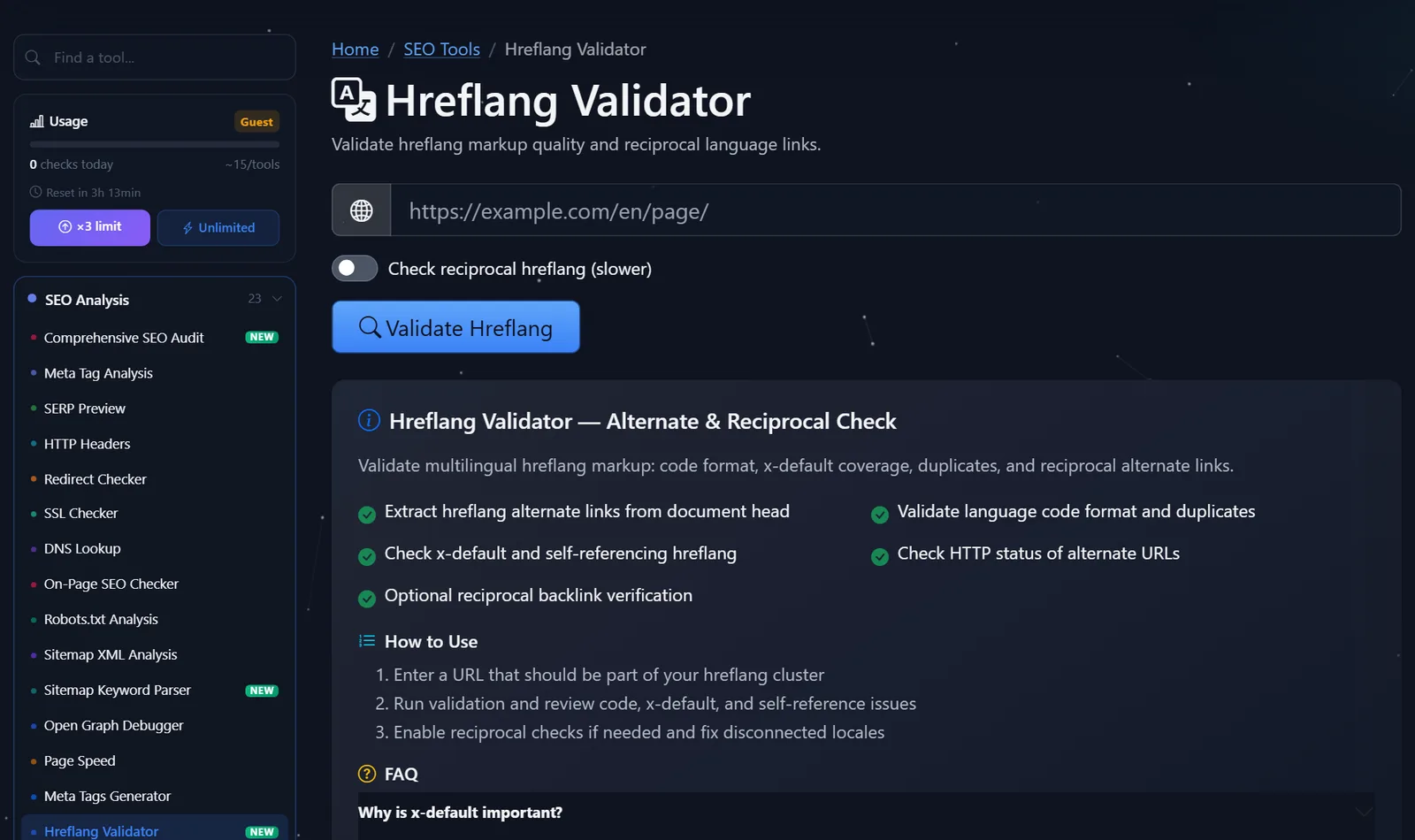 Kaca Validator Hreflang gratis PromoPilot: kolom URL, toggle cék timbal balik, sareng tombol "Cék hreflang"