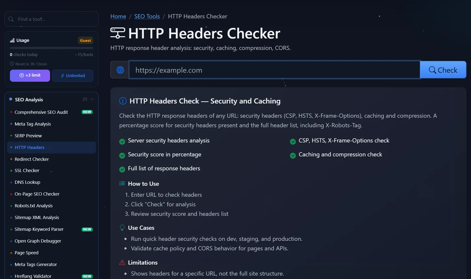 Pagina gratuita di PromoPilot per il controllo degli header HTTP: campo URL e descrizione dei controlli di sicurezza, caching e CORS.