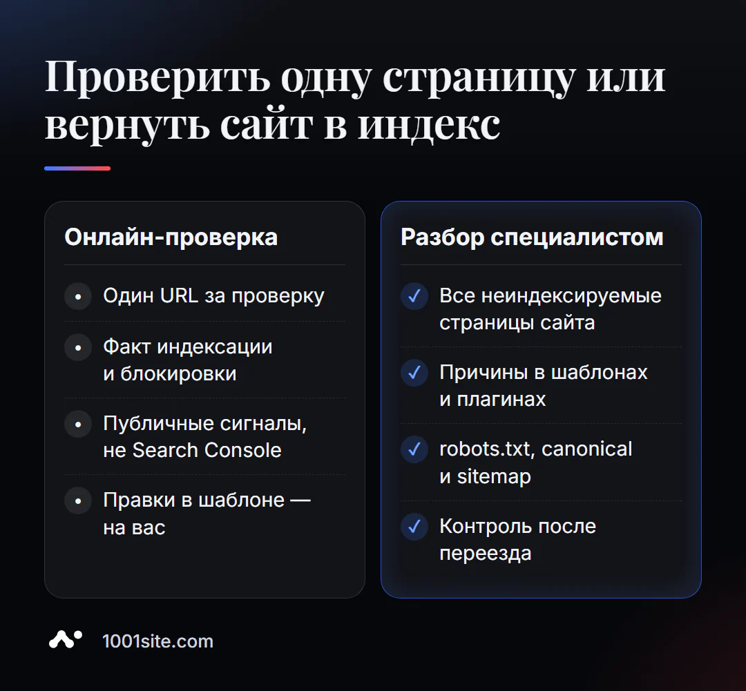 Бесплатная проверка индексации страницы и разбор индексации специалистом: что даёт каждый вариант