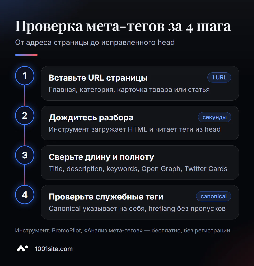 Проверка мета-тегов онлайн за 4 шага: вставить URL, дождаться разбора, сверить длину тегов и проверить canonical и hreflang