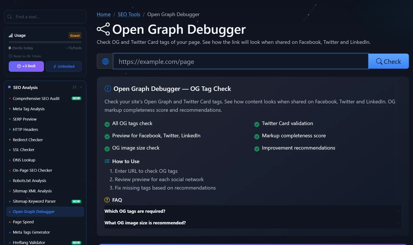 Tudalen Dadfygiwr Graff Agored am ddim PromoPilot: maes URL, gwiriwr tag OG, a rhagolygon ar gyfer Facebook, Twitter, a LinkedIn