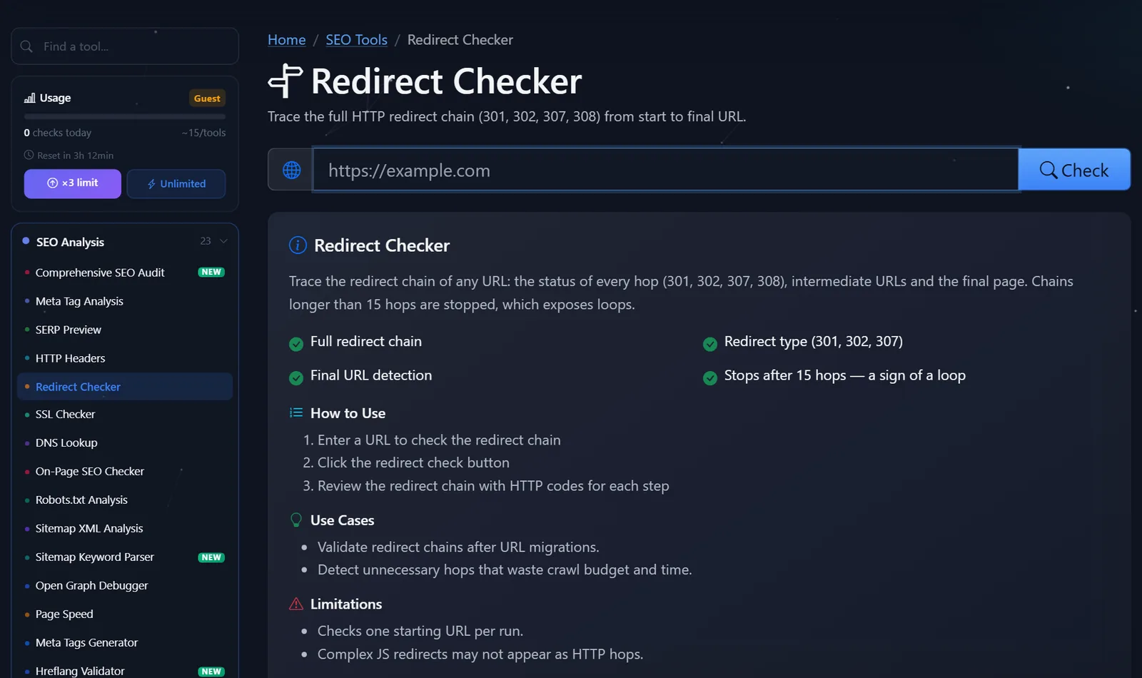 Pagina gratuita di PromoPilot per il controllo dei reindirizzamenti: campo URL e descrizione dei controlli a catena 301 e 302
