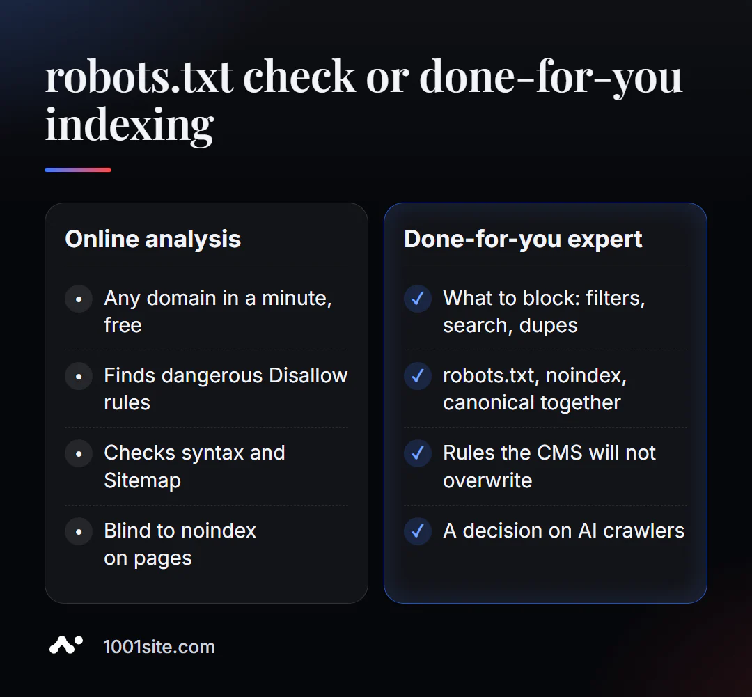 „robots.txt“ tikrinimas internete ir indeksavimo nustatymas su specialistu: ką daro kiekviena parinktis