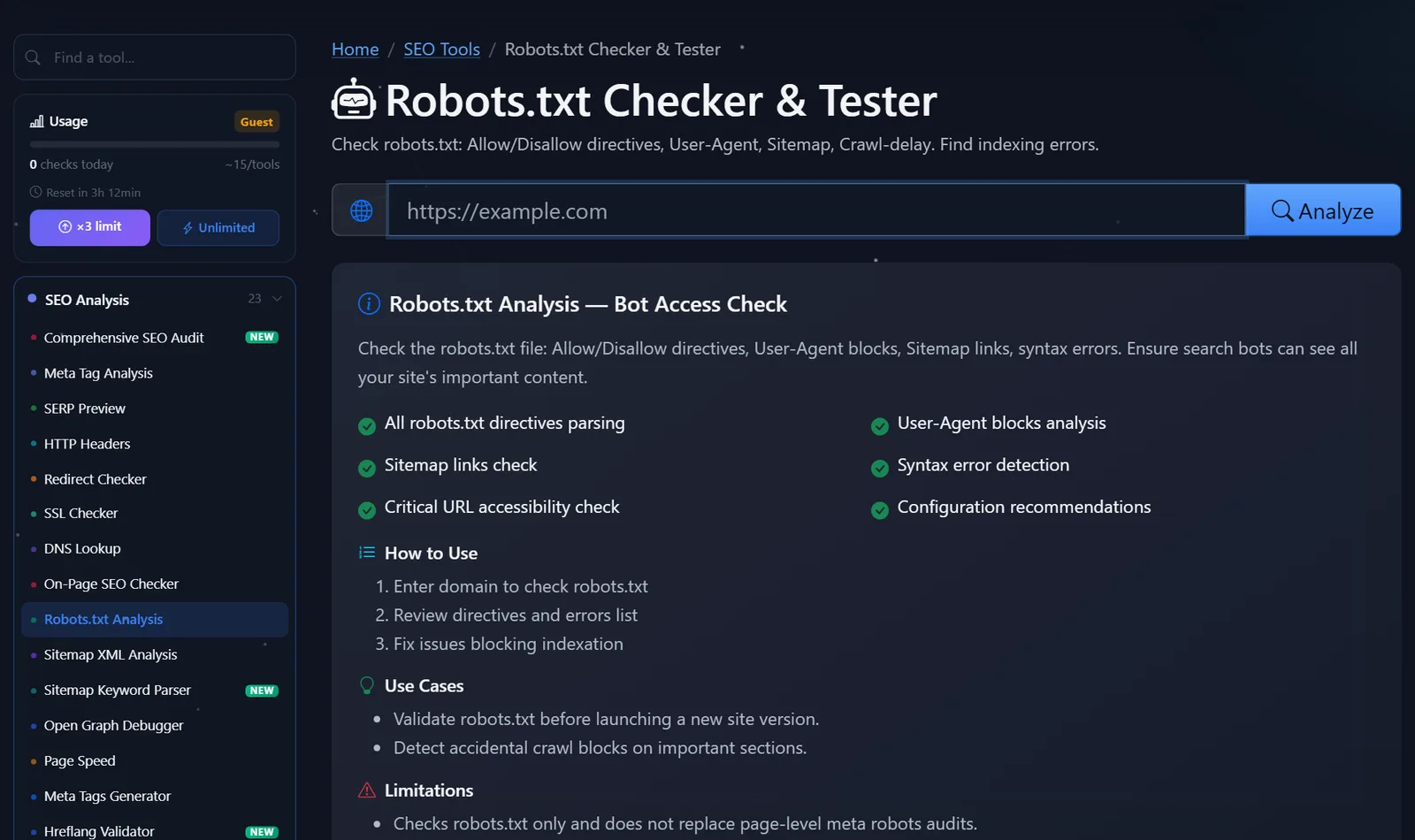 „PromoPilot“ nemokamo robots.txt analizės įrankio puslapis: domeno laukas ir direktyvos, vartotojo agento ir svetainės schemos patikrinimų aprašymas