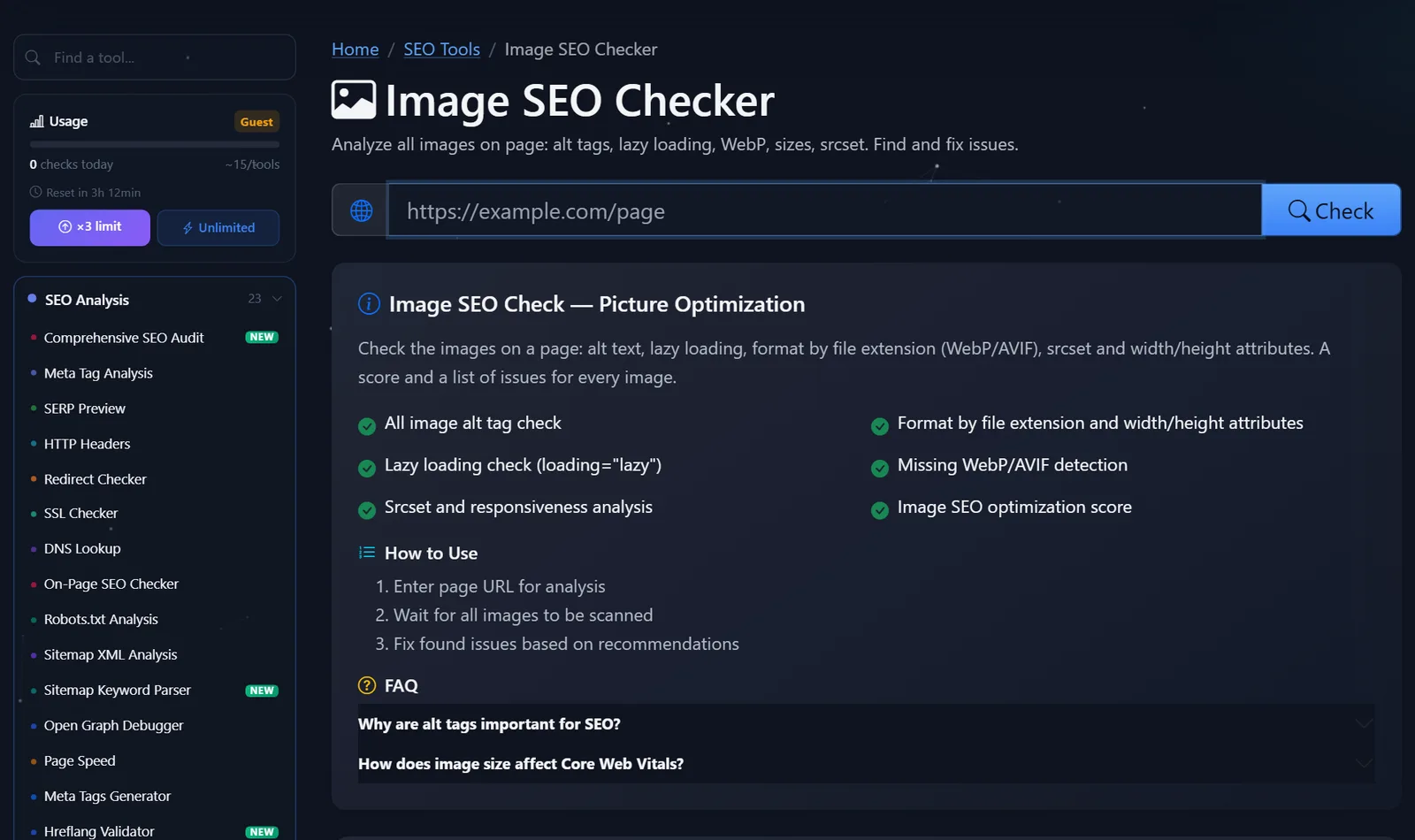 Pagina gratuita di PromoPilot per il controllo SEO delle immagini: campo URL, controllo alt, lazy loading, WebP/AVIF e srcset