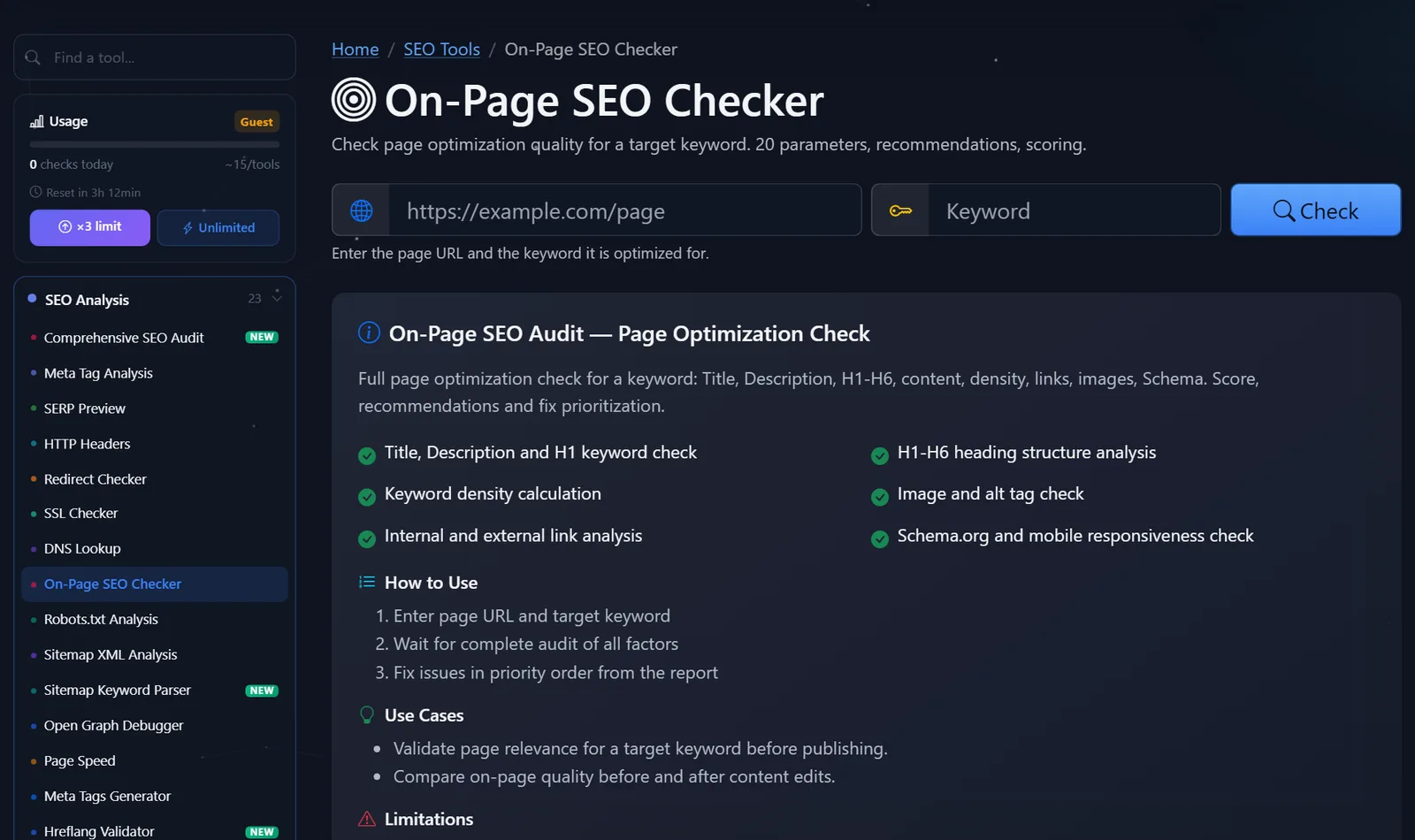 Pagina dello strumento gratuito di verifica SEO on-page di PromoPilot: campi per l'indirizzo della pagina e le parole chiave, descrizione di 20 parametri di verifica