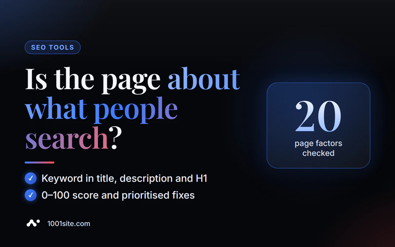 Analisi SEO online di una pagina: pertinenza rispetto a una query, titolo, H1, alt e punteggio da 0 a 100.