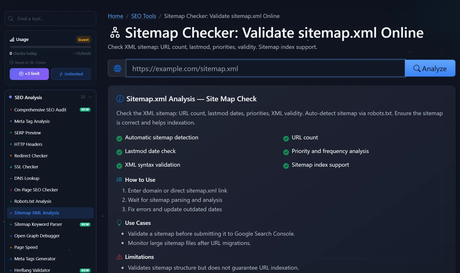 صفحه ابزار رایگان تحلیل نقشه سایت XML پروموپایلوت: فیلد لینک sitemap.xml و توضیحات بررسی
