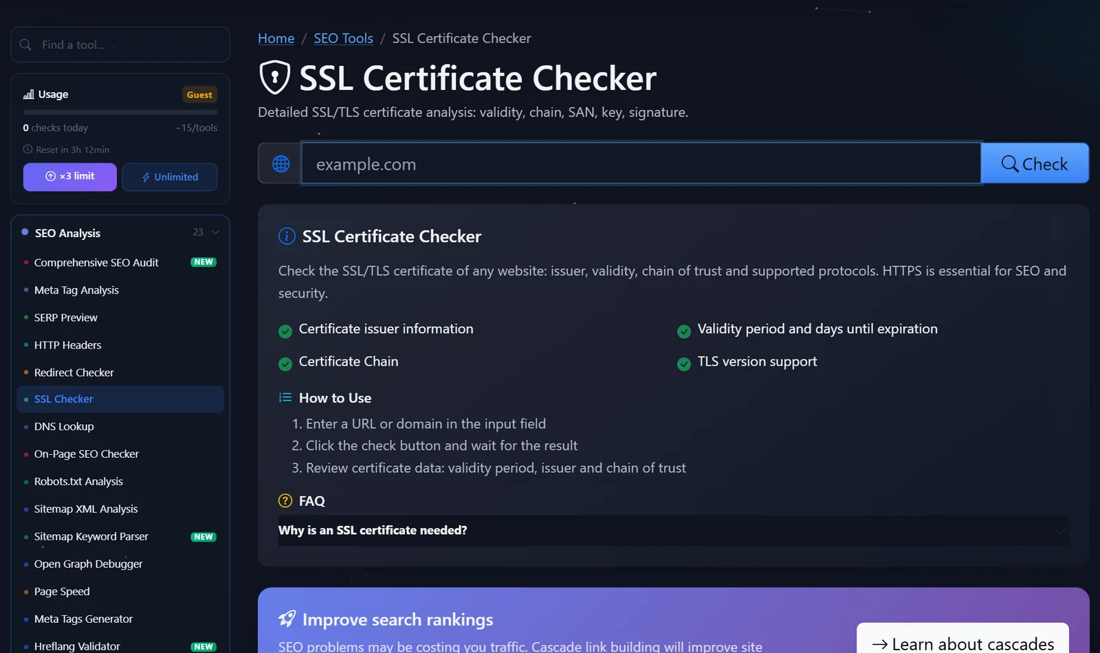 Pàgina gratuïta del verificador de certificats SSL de PromoPilot: Camp de domini i descripció de les comprovacions de caducitat, cadena i TLS