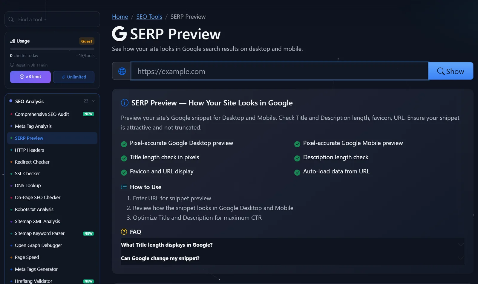Pagina dello strumento gratuito di anteprima SERP di PromoPilot: campo URL, pulsante Mostra, anteprime per Google Desktop e Mobile
