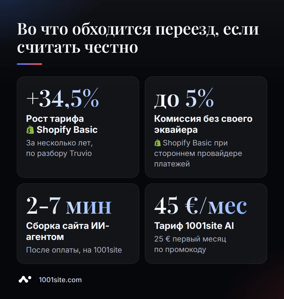 Четыре цифры для решения: рост тарифа Shopify, комиссия без своего платёжного провайдера, скорость сборки сайта ИИ и стоимость тарифа 1001site