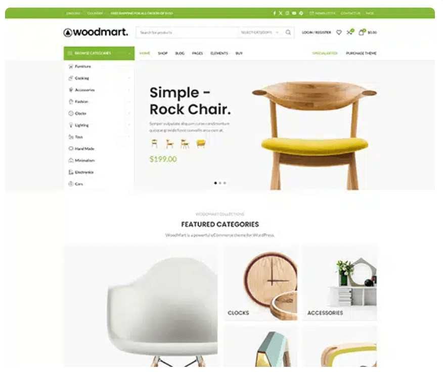 Toko online WooCommerce ( WordPress) nu tos siap dianggo: pilih témplat tina 40+ démo WoodMart sareng kéngingkeun toko anu didamel ku AI kanggo €299 — cuplikan layar