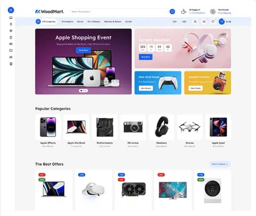 Toko online WooCommerce ( WordPress) nu tos siap dianggo: pilih témplat tina 40+ démo WoodMart sareng kéngingkeun toko anu didamel ku AI kanggo €299 — cuplikan layar