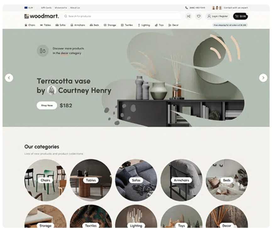 Toko online WooCommerce ( WordPress) nu tos siap dianggo: pilih témplat tina 40+ démo WoodMart sareng kéngingkeun toko anu didamel ku AI kanggo €299 — cuplikan layar