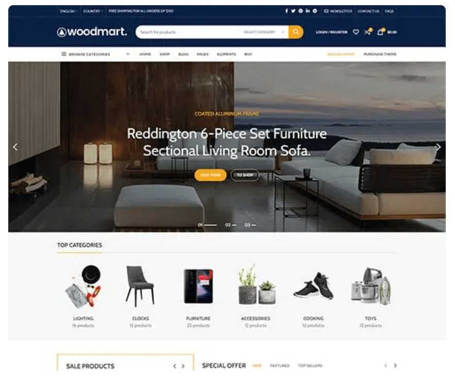 WoodMart Miwwelen Online Shop Schabloun fir WooCommerce – Design Beispill vun 1001site