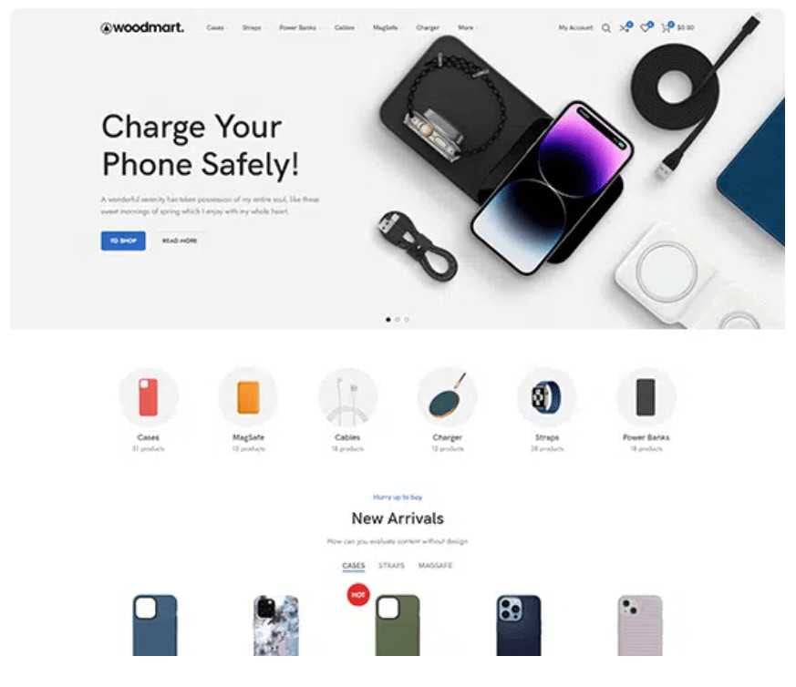 Toko online WooCommerce ( WordPress) nu tos siap dianggo: pilih témplat tina 40+ démo WoodMart sareng kéngingkeun toko anu didamel ku AI kanggo €299 — cuplikan layar