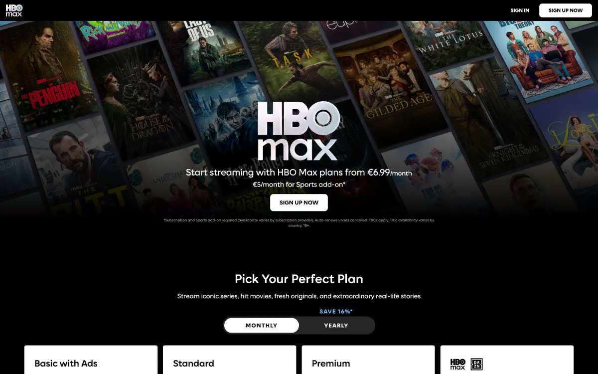 HBO Max — eine Vorschau einer Website in diesem Stil