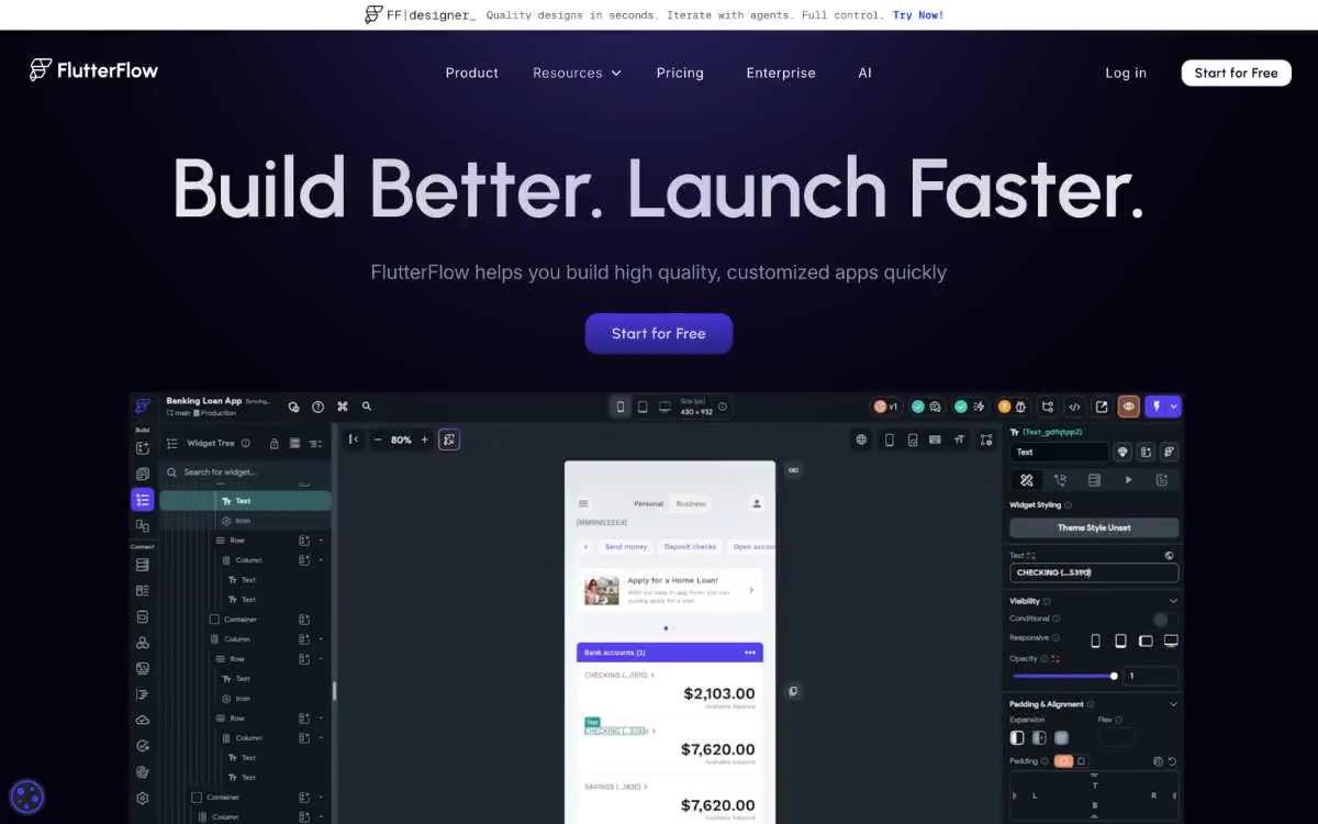 FlutterFlow — eine Vorschau einer Website in diesem Stil