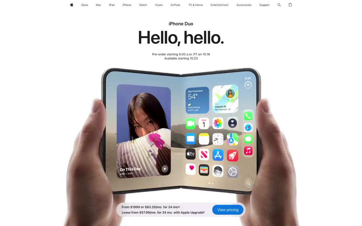 Apple iPhone Duo — Складное устройство в белой галерее. В центре — визуальные рендеры продукта, а типографика и синие элементы…