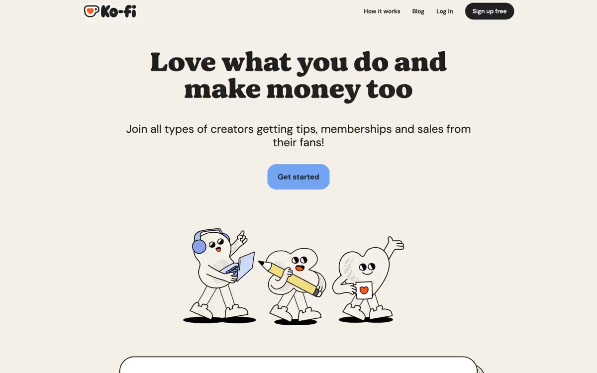 Ko-fi — 'n voorskou van 'n webwerf in hierdie styl