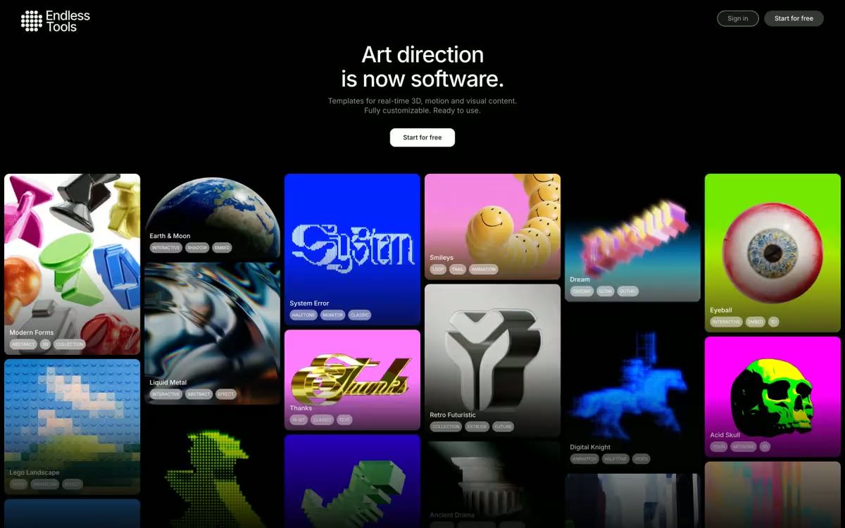 Endlesstools — eine Vorschau einer Website in diesem Stil