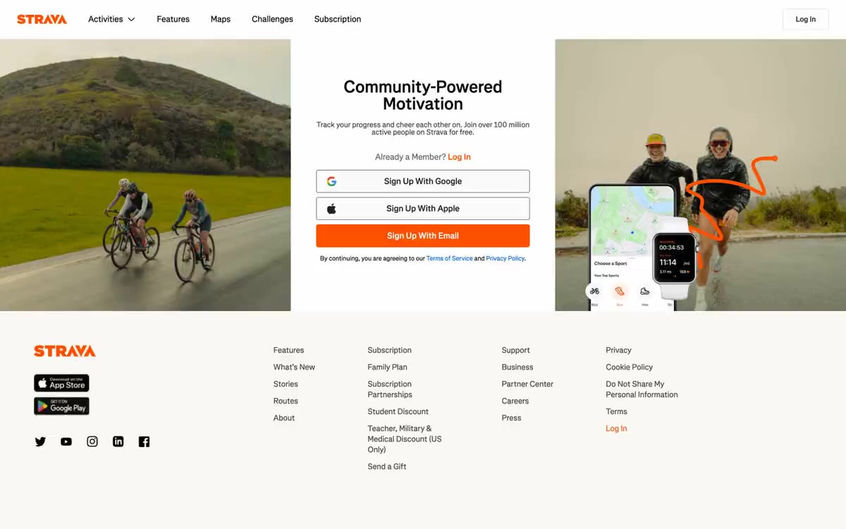 Strava — en forhåndsvisning af et websted i denne stil