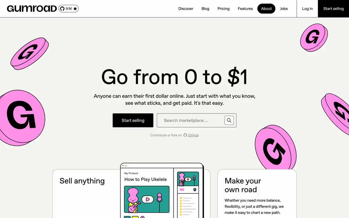 Gumroad — eine Vorschau einer Website in diesem Stil