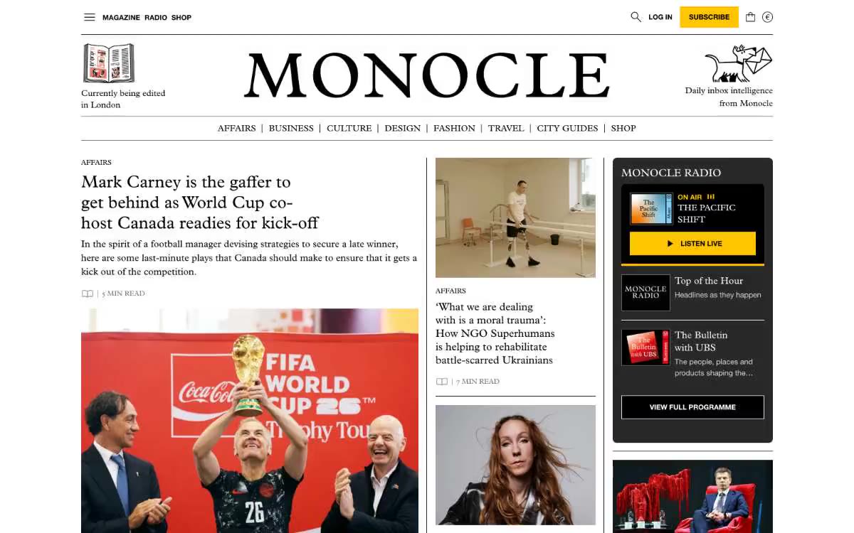 Monocle — un'anteprima di un sito in questo stile