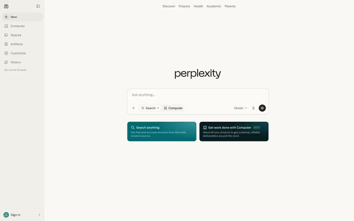 Perplexity AI — eine Vorschau einer Website in diesem Stil