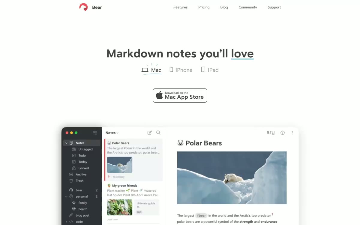 Bear Markdown Notes — sawangan situs dina gaya ieu