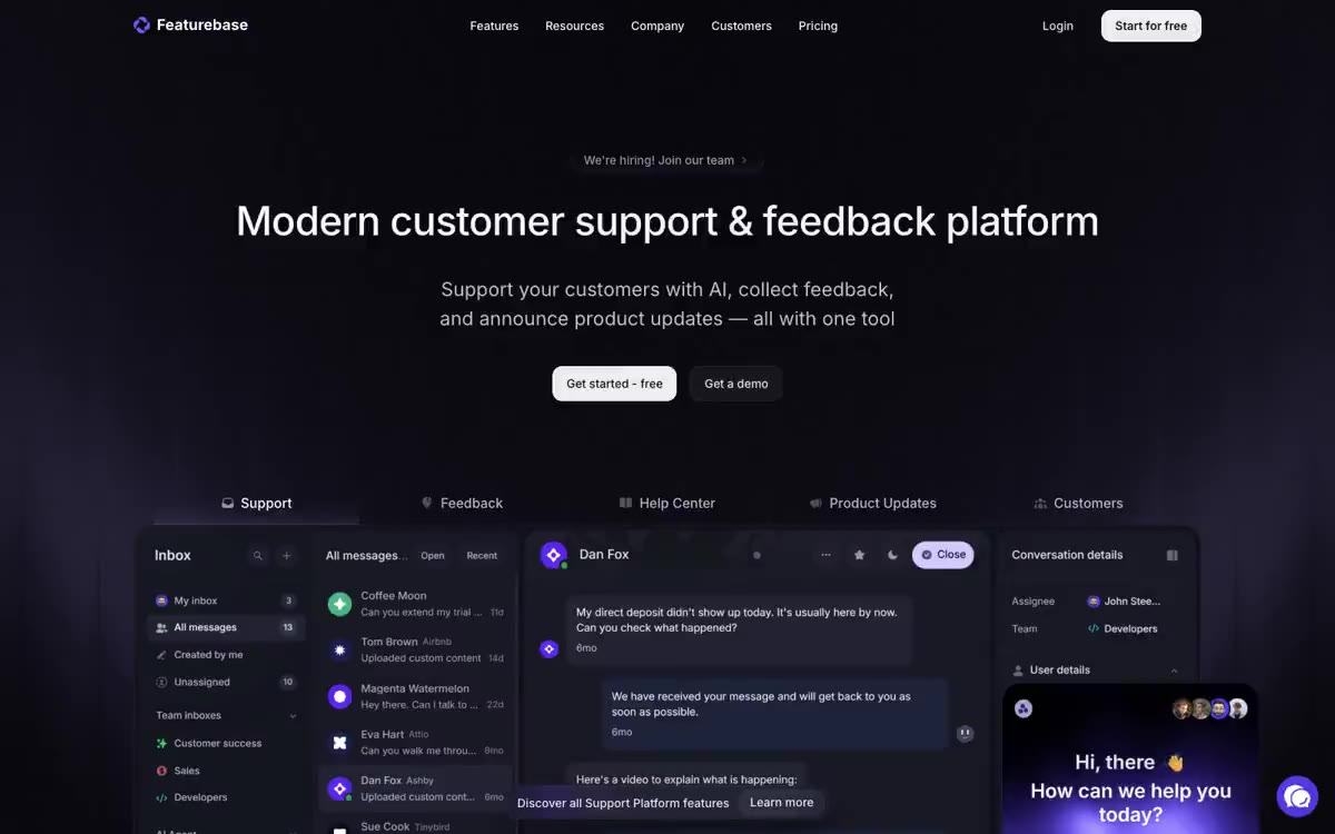 Featurebase — Подсвеченная фиолетовым светом консоль. Каждую страницу представьте как темную, тихую сцену, а из нижнего…