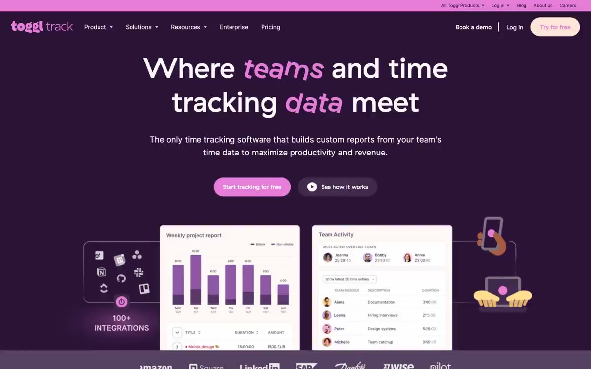 Toggl Track — şu stildäki saýtyň deslapky görnüşi