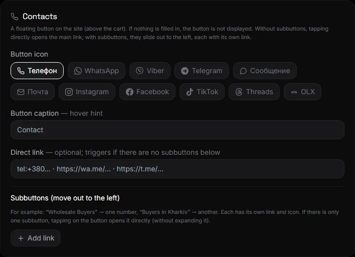 O bloque “Contactos” en Configuración